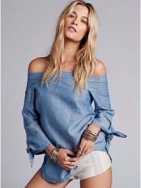 Free People Show Some Shoulder Chambray Top Blouse